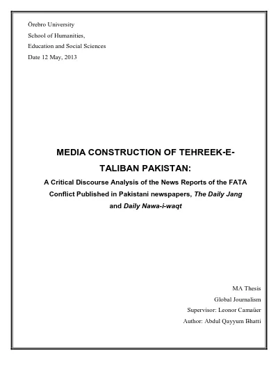 Media Construction Of Tehreek E Taliban Pakistan A Critical Discourse Analysis Of The News Reports Of The Fata Conflict Published In Pakistani Newspapers The Daily Jang And Daily Nawa I Waqt
